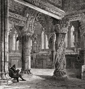 Interior of Roslin Chapel, with the Apprentice Pillar, from 
